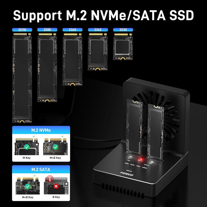 FIDECO M.2 NVMe SATA SSD Cloner Dock, USB 3.2 Gen 2 X 2, 20Gbps NVMe Cloner Duplicator with Foldable Cooling Fan, Support Offline Clone, UASP and Trim, Aluminum Design - Image 5